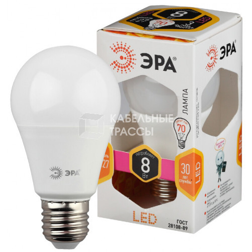 Лампа светодиодная STD A60-8W-827-E27 диод, груша, 8Вт, тепл, E27 | Б0020534 | ЭРА