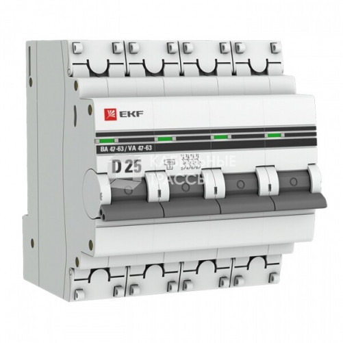Выключатель автоматический четырехполюсный ВА 47-63 25А D 4,5кА PROxima | mcb4763-4-25D-pro | EKF