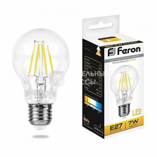 Лампа светодиодная LB-57 (7W) 230V E27 2700K филамент A60 прозрачная | 25569 | FERON
