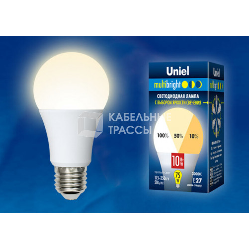 Лампа светодиодная LED-A60-10W/WW/E27/FR/MB PLM11WH LED. «А», матовая. Серия Multibright. 3000K 100-50-10 . | UL-00002371 | Uniel