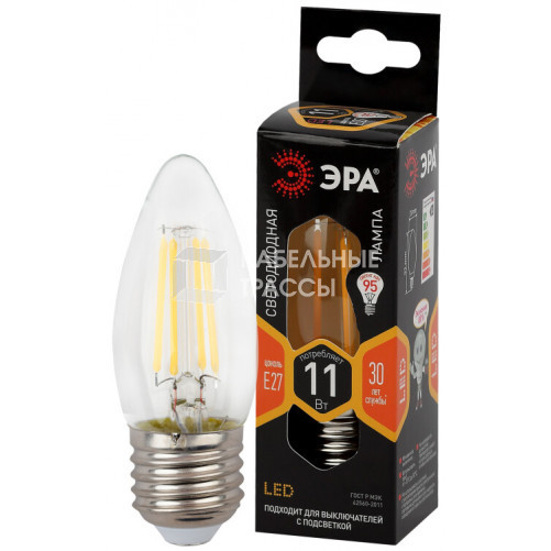 Лампа светодиодная F-LED B35-11w-827-E27 (филамент, свеча, 11Вт, тепл, E27) | Б0046986 | ЭРА