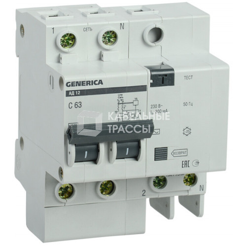 Выключатель автоматический дифференциального тока АД12 GENERICA 2п 63А C 300мА тип AC (4 мод) | MAD15-2-063-C-300 | IEK