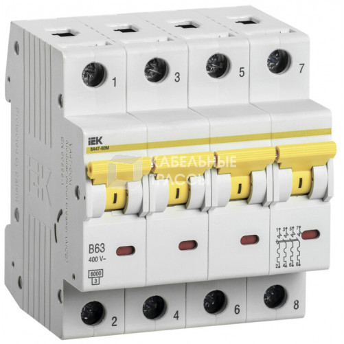Выключатель автоматический четырехполюсный ВА47-60M 4Р 63А 6кА B | MVA31-4-063-B | IEK
