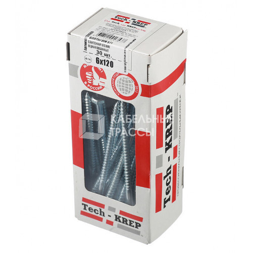 Болт DIN 571 сантехнический оцинк 6х120 (30 шт) - коробка с ок. Tech-Kr ( 0,604 кг) | 126553 | Tech-KREP