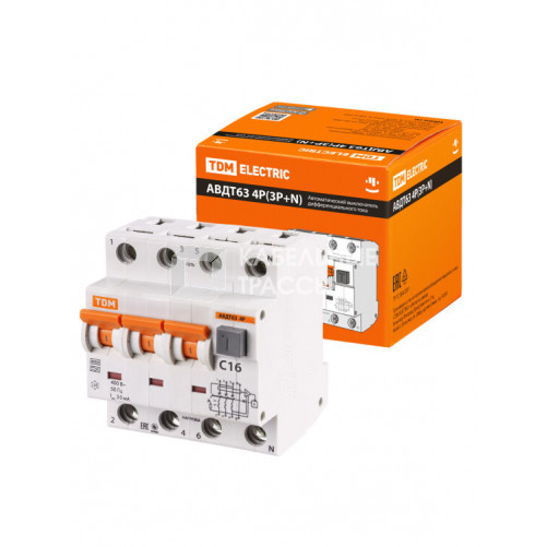 Выключатель автоматический дифференциального тока АВДТ 63 3п+N 16А C 30мА тип A | SQ0202-0017 | TDM