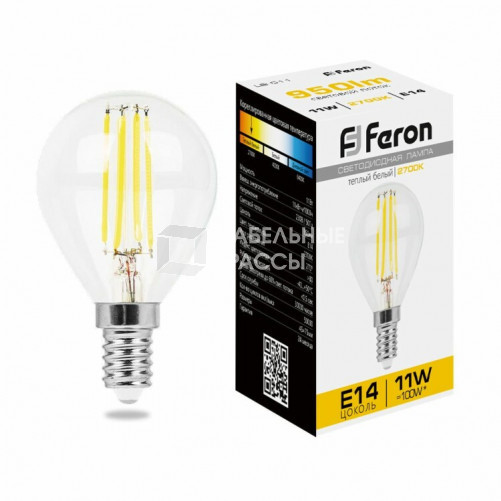 Лампа светодиодная LB-511 (11W) 230V E14 2700K филамент G45 прозрачная | 38013 | FERON
