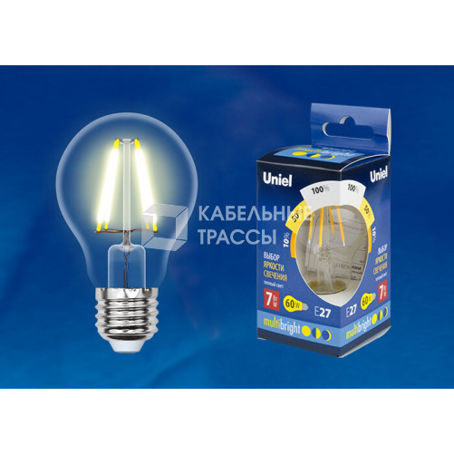 Лампа светодиодная LED-A60-7W/WW/E27/CL/MB GLM10TR LED «груша», прозр Серия Multibright. 3000K 100-50-10 . | UL-00002366 | Uniel