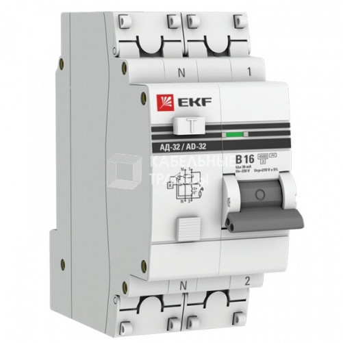 Выключатель автоматический дифференциальный АД-32 1P+N 16А/30мА (характеристика B, AC, электронный, защита 270В) 4,5кА PROxima | DA32-16-B-30-pro | EK