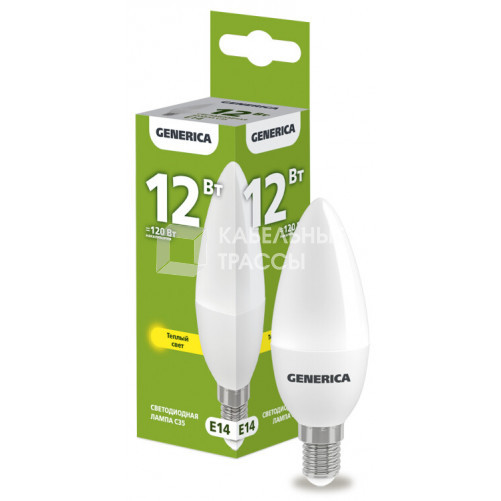 Лампа светодиодная C35 свеча 12Вт 230В 3000К E14 GENERICA | LL-C35-12-230-30-E14-G | IEK