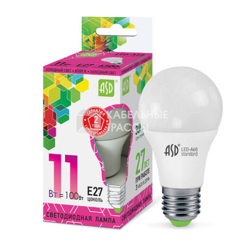 Лампа светодиодная LED-A60-standard 11Вт 230В Е27 6500К 990Лм | 4690612014197 | ASD