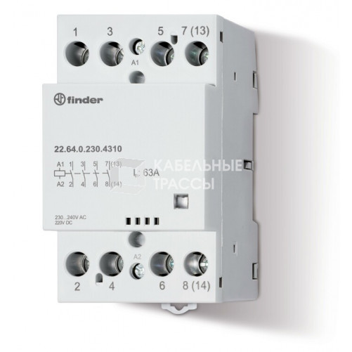 Модульный контактор; 4NO 63А; контакты AgSnO2; катушка 230В АС/DC; ширина 53.5мм; степень защиты IP20; опции: мех.индикатор; упаковка 1шт.