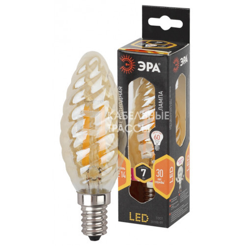 Лампа светодиодная F-LED BTW-7W-827-E14 gold (филамент, свеча витая золот., 7Вт, тепл, E14) |Б0027966 | ЭРА