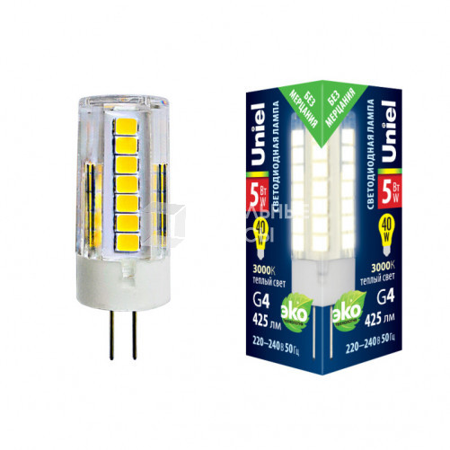 Лампа светодиодная LED-JC-220/5W/3000K/G4/CL GLZ09TR LED, прозр 3000К | UL-00006744 | Uniel