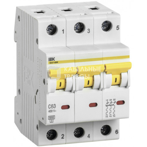 Выключатель автоматический трехполюсный ВА47-60M 3Р 63А 6кА С | MVA31-3-063-C | IEK