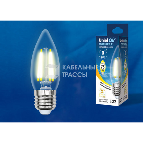 Лампа светодиодная LED-C35-9W/3000K/E27/CL/DIM GLA01TR LED диммируемая. 