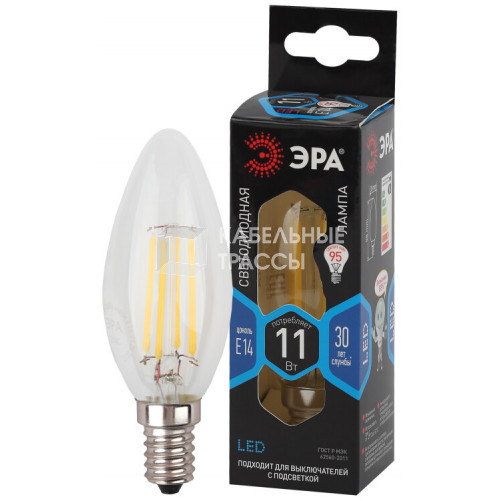 Лампа светодиодная F-LED B35-11w-840-E14 (филамент, свеча, 11Вт, нейтр, E14) | Б0046987 | ЭРА