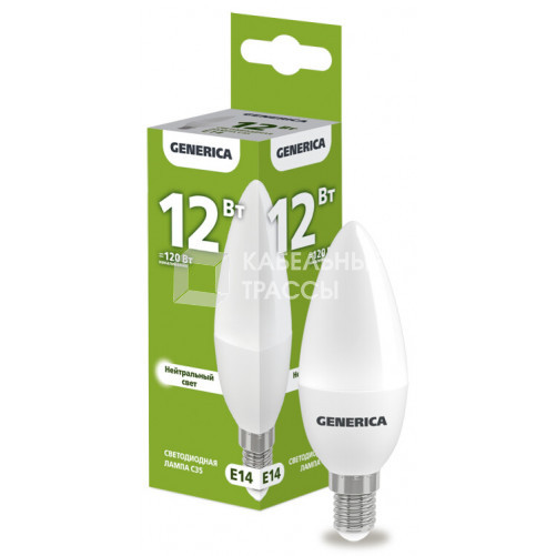 Лампа светодиодная C35 свеча 12Вт 230В 4000К E14 GENERICA | LL-C35-12-230-40-E14-G | IEK