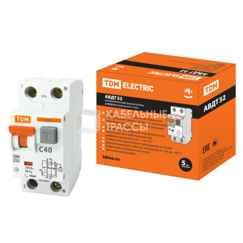 Выключатель автоматический дифференциального тока АВДТ 32 1п+N 40А C 30мА тип A | SQ0202-0033 | TDM