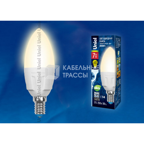 Лампа светодиодная LED-C37 7W/WW/E14/FR PLP01WH LED. «свеча», матовая. серия Яркая, пр-во Россия, 3000K | UL-00002413 | Uniel