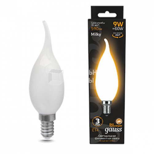 Лампа светодиодная Filament Свеча на ветру 9W 590lm 3000К Е14 milky LED 1/10/50 | 104201109 | Gauss