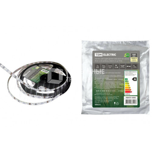 Лента светодиодная SMD2835-60 LED/м-IP20-12 В-4,8 Вт/м-3000 К (5 м) | SQ0331-0302 | TDM