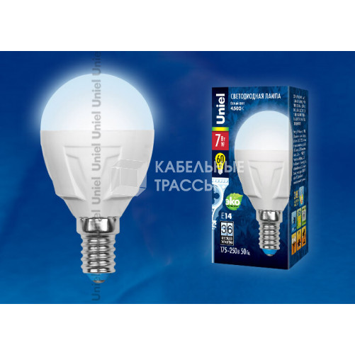 Лампа светодиодная LED-G45 7W/NW/E14/FR PLP01WH LED. «шар», матовая. серия Яркая, пр-во Россия, 4000K | UL-00002417 | Uniel