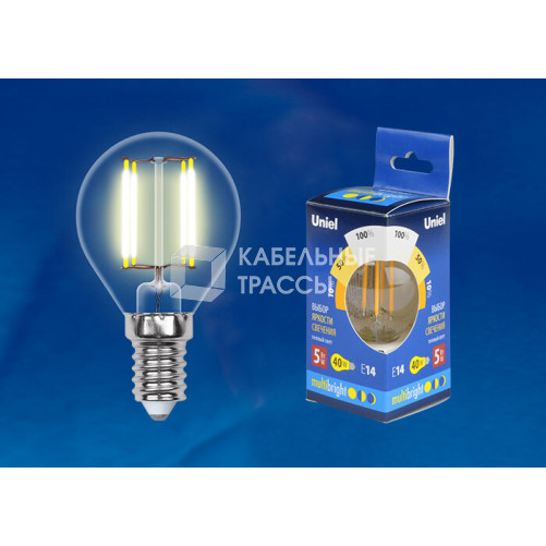 Лампа светодиодная LED-G45-5W/WW/E14/CL/MB GLM10TR LED. «шар», прозр Серия Multibright. 3000K 100-50-10 . | UL-00002369 | Uniel