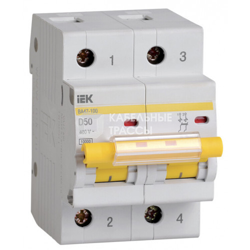 Выключатель автоматический двухполюсный ВА47-100 50А D 10кА | MVA40-2-050-D | IEK