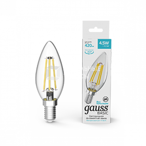 Лампа светодиодная Basic Filament Свеча 4,5W 420lm 4100К Е14 LED 1/10/50 | 1031215 | Gauss