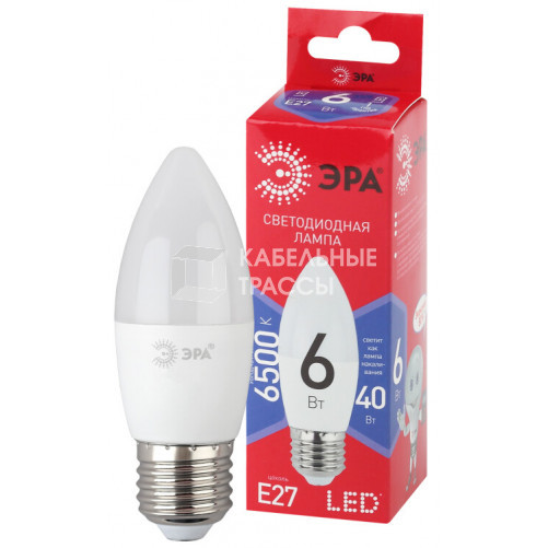 Лампа светодиодная ЭКО LED B35-6W-865-E27 R (диод, свеча, 6Вт, хол, E27) | Б0045340 | ЭРА