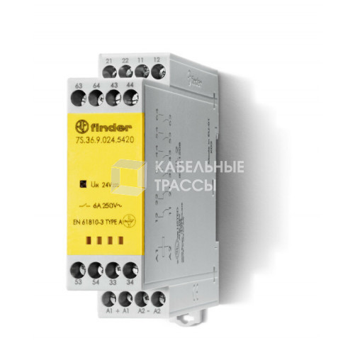 Модульное электромеханическое реле безопасности (реле с принудительным управлением контактами); 4NO+2NC 6A | 7S3690125420PAS | Finder