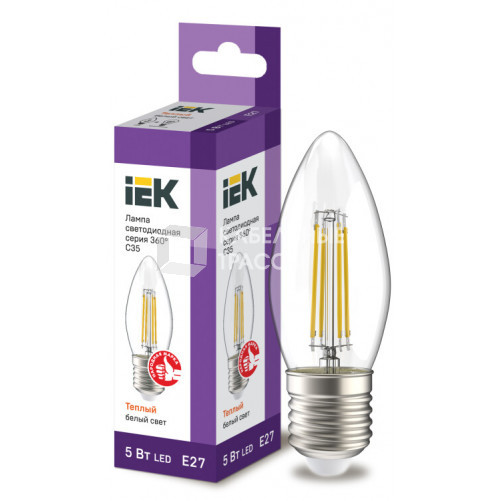 Лампа светодиодная C35 свеча прозрачная 5Вт 230В 3000К E27 серия 360° | LLF-C35-5-230-30-E27-CL | IEK