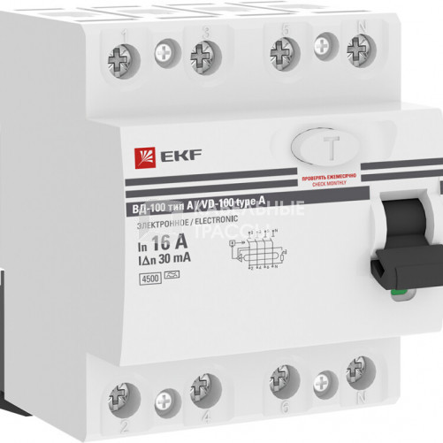 Выключатель дифференциальный (УЗО) ВД-100 4P 16А/30мА (тип А, электромеханическое) PROxima | elcb-4-16-30-em-a-pro | EKF