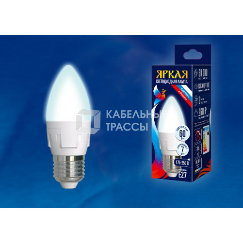 Лампа светодиодная LED-C37 7W/NW/E27/FR PLP01WH LED. «свеча», матовая. серия Яркая, пр-во Россия, 4000K | UL-00002412 | Uniel