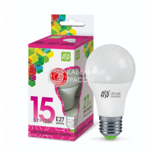Лампа светодиодная LED-A60-standard 15Вт 230В Е27 6500К 1350Лм | 4690612014203 | ASD