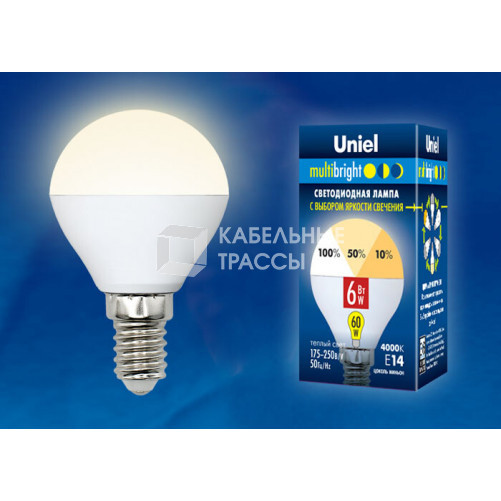 Лампа светодиодная LED-G45-6W/WW/E14/FR/MB PLM11WH LED. «шар», матовая. Серия Multibright. 3000K 100-50-10 . | UL-00002375 | Uniel