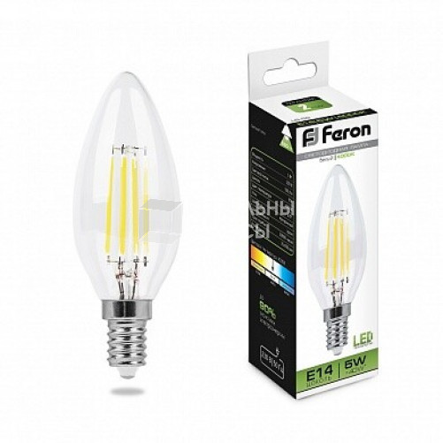 Лампа светодиодная LB-58 (5W) 230V E14 4000K филамент C35 прозрачная | 25573 | FERON