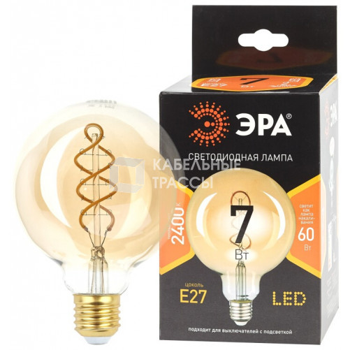 Лампа светодиодная F-LED G95-7W-824-E27 spiral gold (филамент, шар спир зол, 7Вт, тепл, E27) (20/560) | Б0047663 | ЭРА