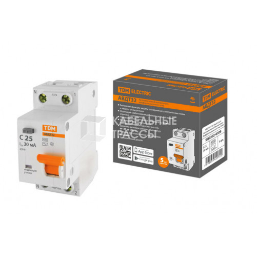 Выключатель автоматический дифференциального тока АВДТ 32 1п+N 25А C 30мА тип АС 4,5кА | SQ0202-0505 | TDM