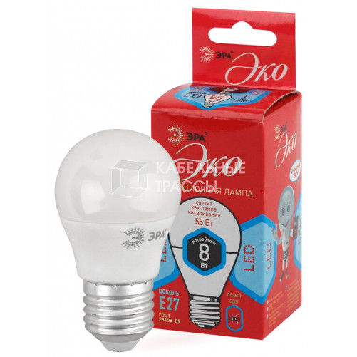 Лампа cветодиодная ECO LED P45-8W-840-E27 (диод, шар, 8Вт, нейтр, E27) (10/100/3500) | Б0030025 | ЭРА