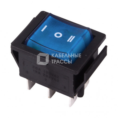 Выключатель клавишный 250V 15А (6с) ON-OFF-ON синий с подсветкой и нейтралью | 36-2391 | REXANT