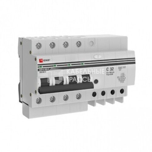 Выключатель автоматический дифференциального тока АД-4 32А/300мА (характеристика C, АС, электронный, защита 270В) 4,5кА PROxima | DA4-32-300-pro | EKF