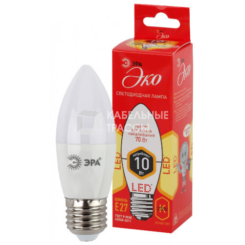 Лампа cветодиодная ECO LED B35-10W-827-E27 (диод, свеча, 10Вт, тепл, E27) (10/100/3500) | Б0032962 | ЭРА