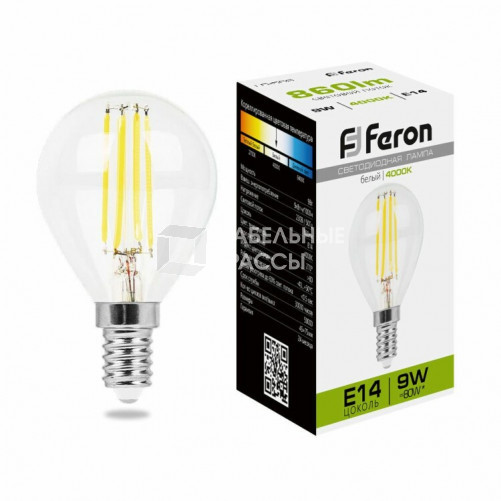 Лампа светодиодная LB-509 (9W) 230V E14 4000K филамент G45 прозрачная | 38002 | FERON