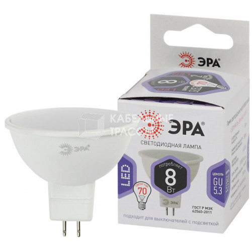 Лампа светодиодная LED MR16-8W-860-GU5.3 (диод, софит, 8Вт, холод, GU5.3) (10/100/4200)| Б0049071 | ЭРА