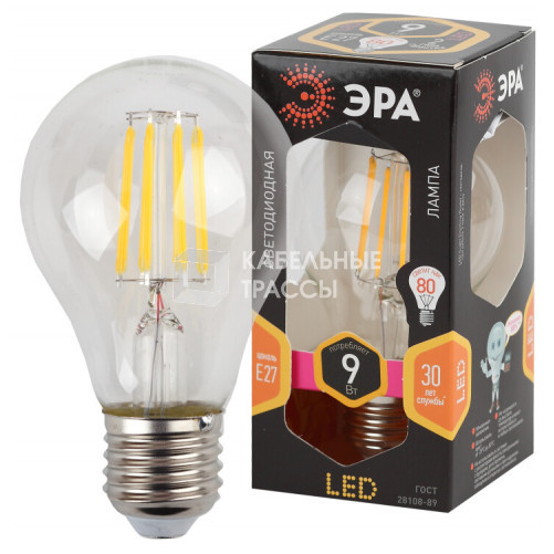 F-LED A60-9W-827-E27 филамент, груша, 9Вт, тепл, Е27 | Б0019014 | ЭРА