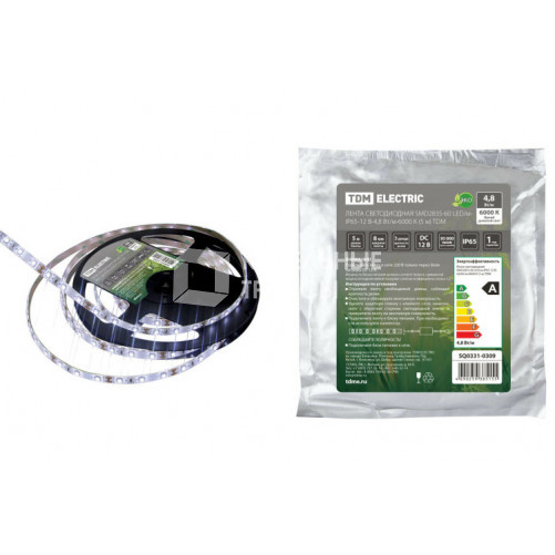 Лента светодиодная SMD2835-60 LED/м-IP65-12 В-4,8 Вт/м-6000 К (5 м) | SQ0331-0309 | TDM