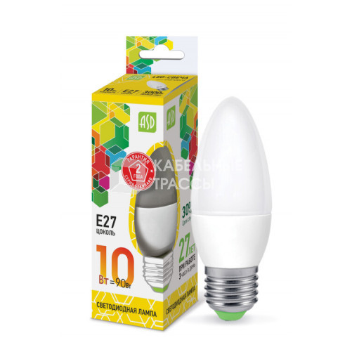 Лампа светодиодная LED-СВЕЧА-standard 10Вт 230В Е27 3000К 900Лм | 4690612015538 | ASD