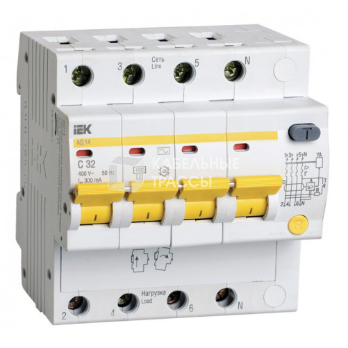 Выключатель автоматический дифференциального тока АД14 4п 32А C 300мА тип AC (5 мод) | MAD10-4-032-C-300 | IEK
