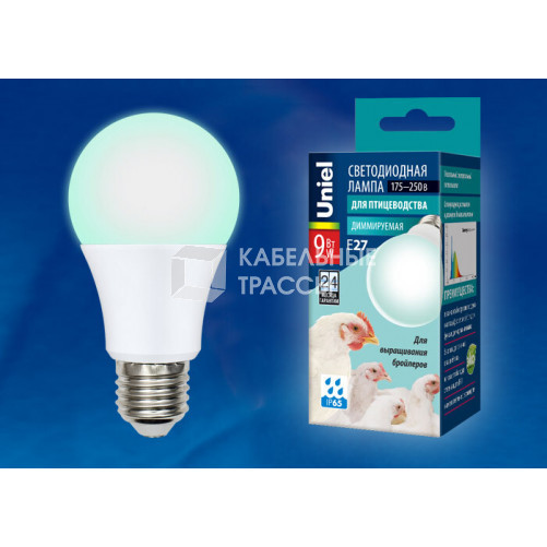 Лампа светодиодная LED-A60-9W/SCBG/E27/FR/DIM IP65 PLO65WH LED диммируемая для бройлеров. Спектр синий и зеленый | UL-00003190 | Uniel